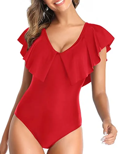 Ruffle Shoulders One Piece Swimsuit For Women-Red