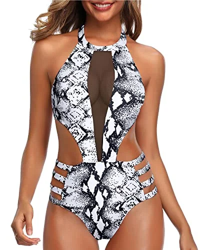 Strap Waist Mesh Patchwork One Piece Monokini Swimwear-Black And White Snake Print