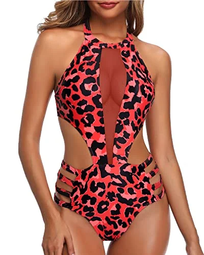 Sexy High Neck Halter Backless One Piece Monokini Swimwear-Red Leopard