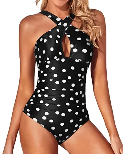 Ruched Waistband Tummy Control Women One Piece Swimsuits-Black And White Dots