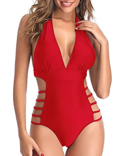 Stylish Hourglass Body Type One Piece Swimsuits Plunge V Neck Halter Bathing Suits-Red