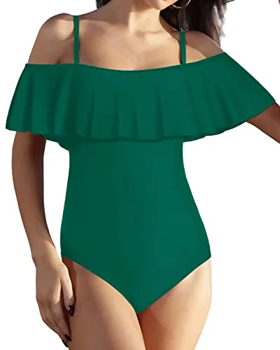 Tummy Control Flounce Ruffled One Piece Swimsuit For Women-Emerald Green