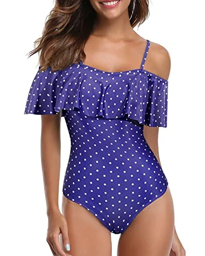 Retro Tummy Control One Piece Swimsuit Off Shoulder Women's Bathing Suit-Navy Blue Polka Dot