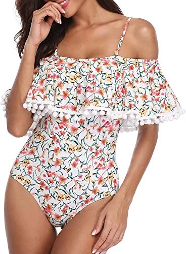 Tropical Long Torso One Piece Swimsuit Off Shoulder Women's Swimwear-White Floral