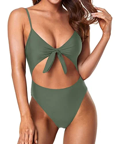 Sexy V-Neck Cutout Tie Knot Front One Piece Swimsuits-Olive Green