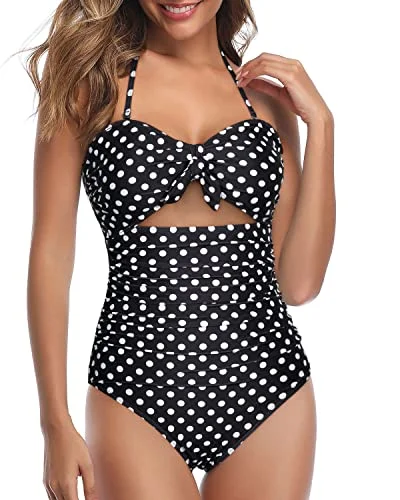 Sexy Cutout Tummy Control High Waisted Swimsuits-Black Dot