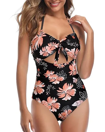 Stylish Cutout Retro High Waist Swimsuits-Black Orange Floral