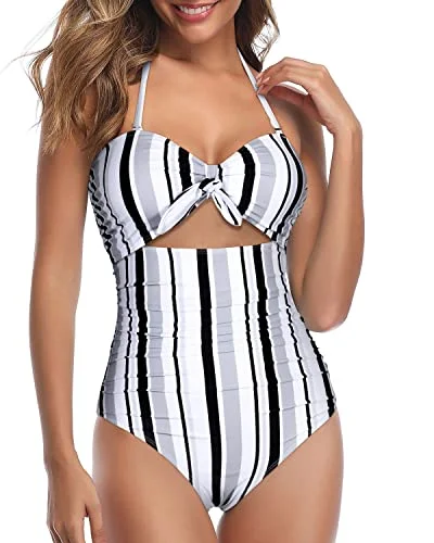 Tie Up Closure Sexy Cutout One Piece Swimsuits-Black White Gray S