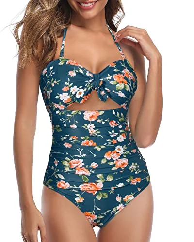 Shirring Side Bathing Suit Halter Backless One Piece Swimsuits-Blue Green Flowers