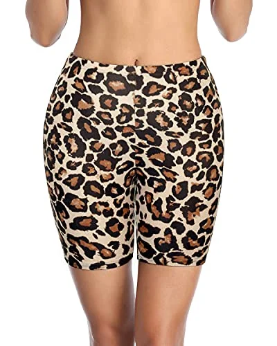 Long Board Shorts For Women High Waisted Tummy Control Swim Shorts-Leopard