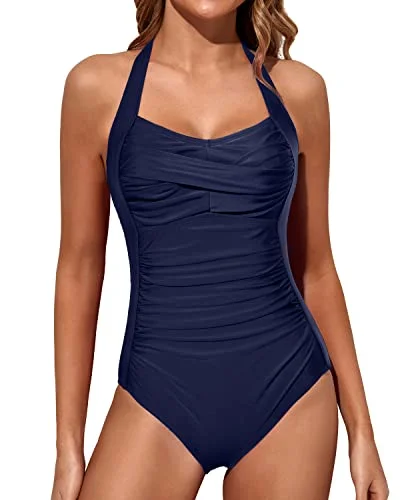 Sweetheart Neckline Swimsuits Halter Vintage Swimwear-Navy Blue