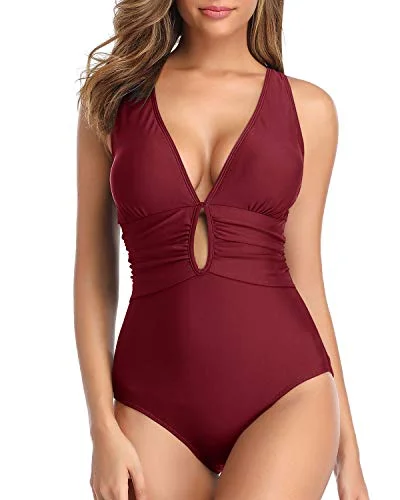 Low Back V Neck One Piece Swimsuit Criss Cross Bathing Suit-Maroon