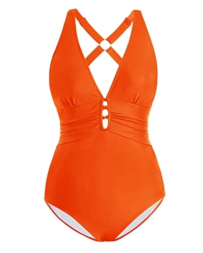 Lace Up One Piece Swimsuits Deep V Neck Keyhole Bathing Suits-Neon Orange