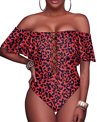 Strapless Lace-Up Women Sexy One Piece Swimwear-Red Leopard