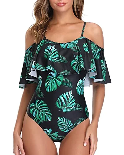 Slimming Off Shoulder One Piece Swimsuit For Women-Black And Green Leaf