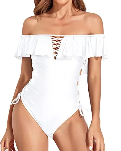 Sexy Off Shoulder Ruffled Flounce One Piece Swimsuit-White