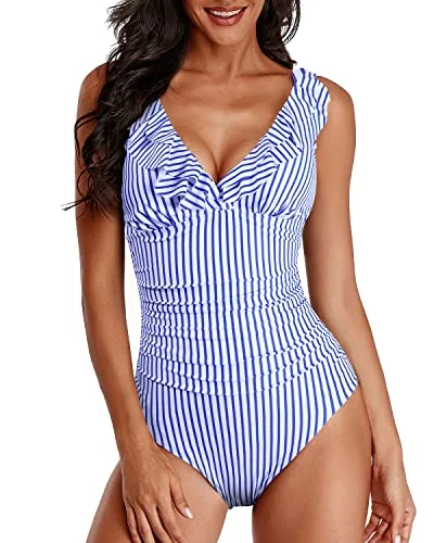 Long Torso One Piece Swimsuits Tummy Control-Blue White Stripe