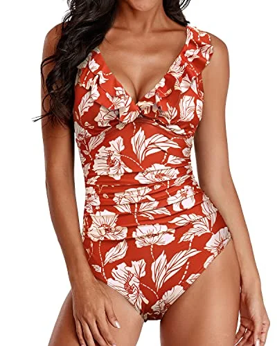 Long Torso Falbala Shoulder One Piece Swimsuit-Red Floral