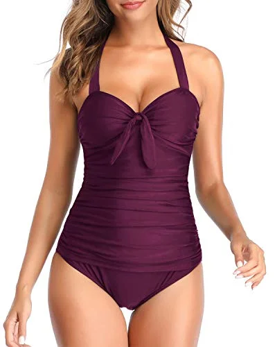 Retro Vintage Ruched Tummy Control One Piece Swim Suit-Maroon