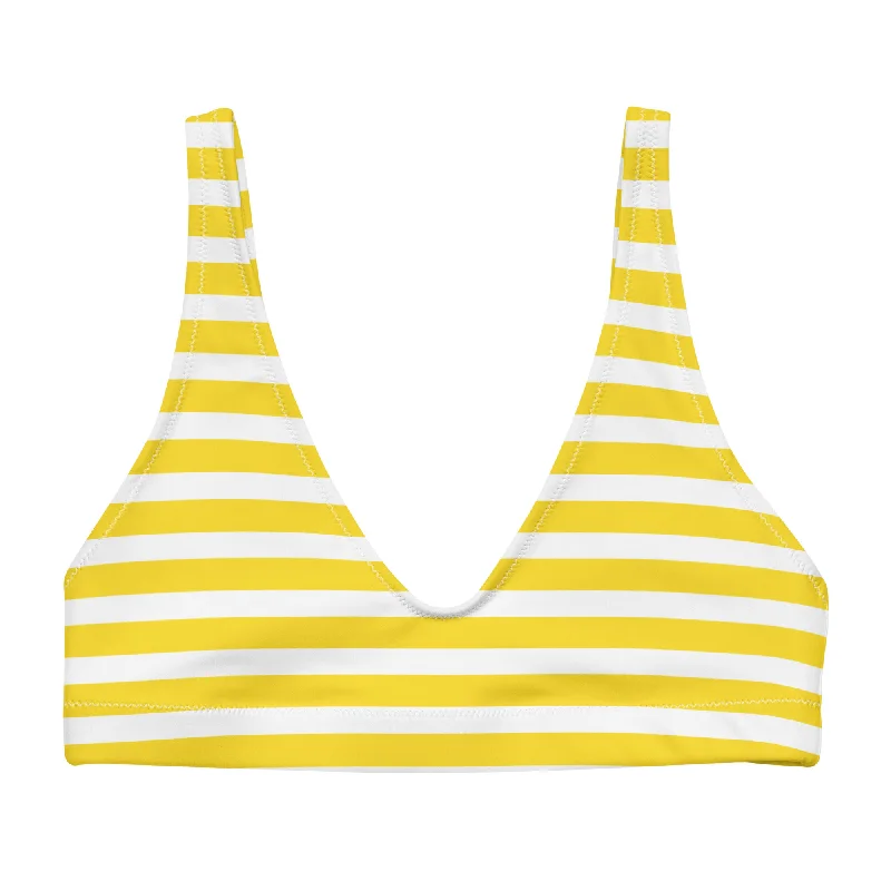 UV-protective floral swimwear-Yellow and White Beach Stripes Halter Bikini Top