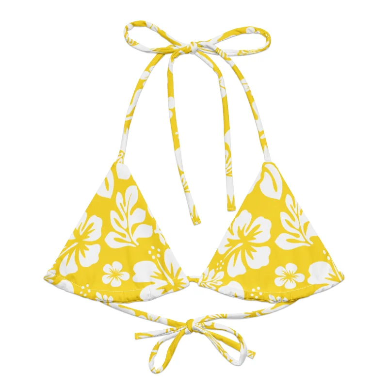 minimalist black swimwear-Yellow and White Hawaiian Flowers String Bikini Top